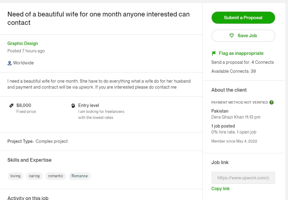 wife for 1 month upwork