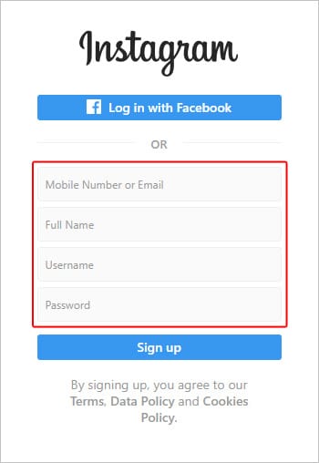 instagram sign up with facebook